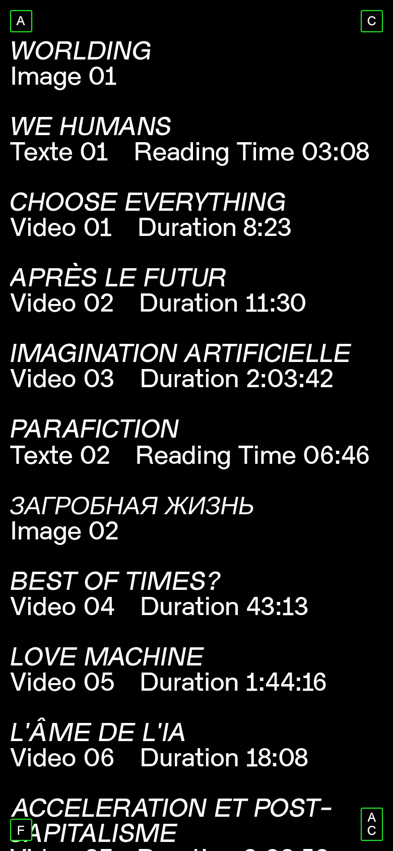 The mobile version maintains the minimalist black and white aesthetic but presents the content in a single-column vertical list. The project titles and metadata are stacked, and the navigation elements are condensed to fit the narrower screen width.