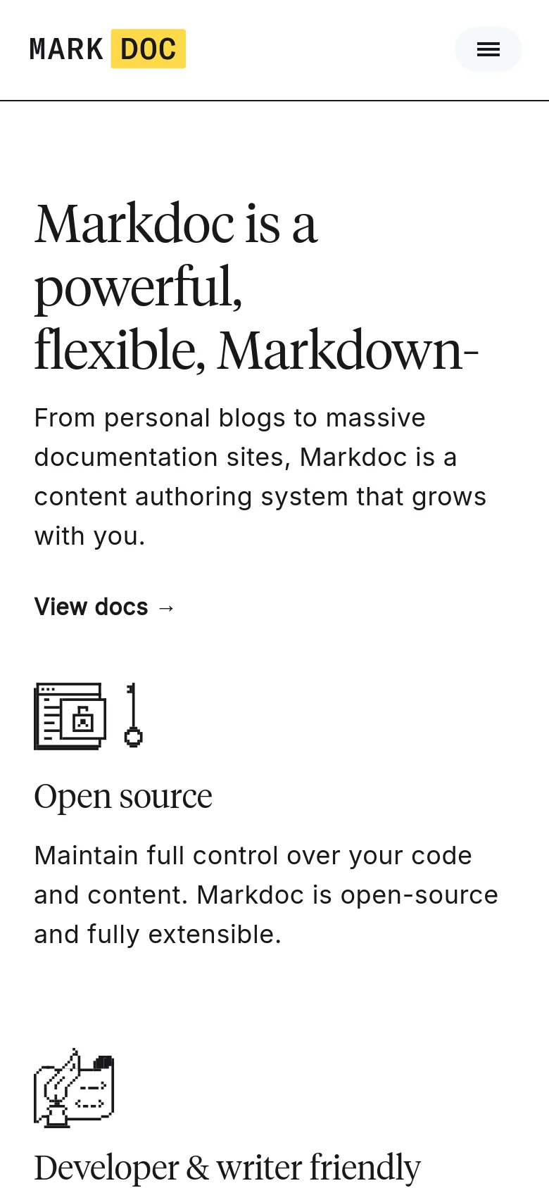The mobile version uses a single-column vertical layout to accommodate the smaller screen. The hero text is stacked, and the navigation bar is condensed into a hamburger menu icon on the right. Below the hero section, features like 'Open source' are presented with large line-art icons and descriptive text blocks.