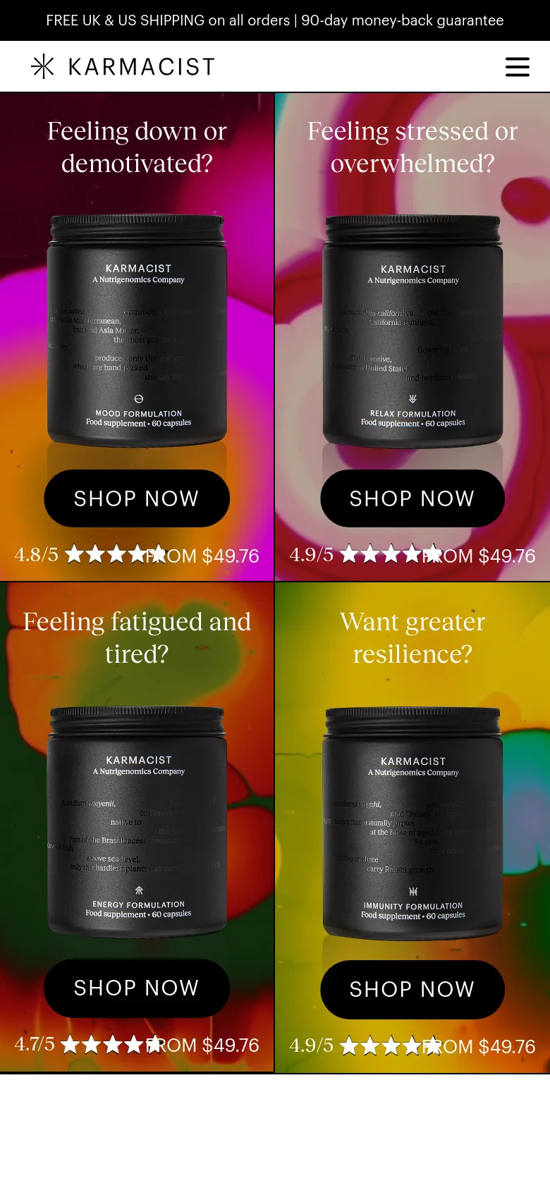The mobile version displays the same four product collections but in a vertical grid layout with two cards per row. The colorful gradient backgrounds behind the supplement bottles are more prominent, and the text and 'SHOP NOW' buttons are scaled to fit the narrower screen width.