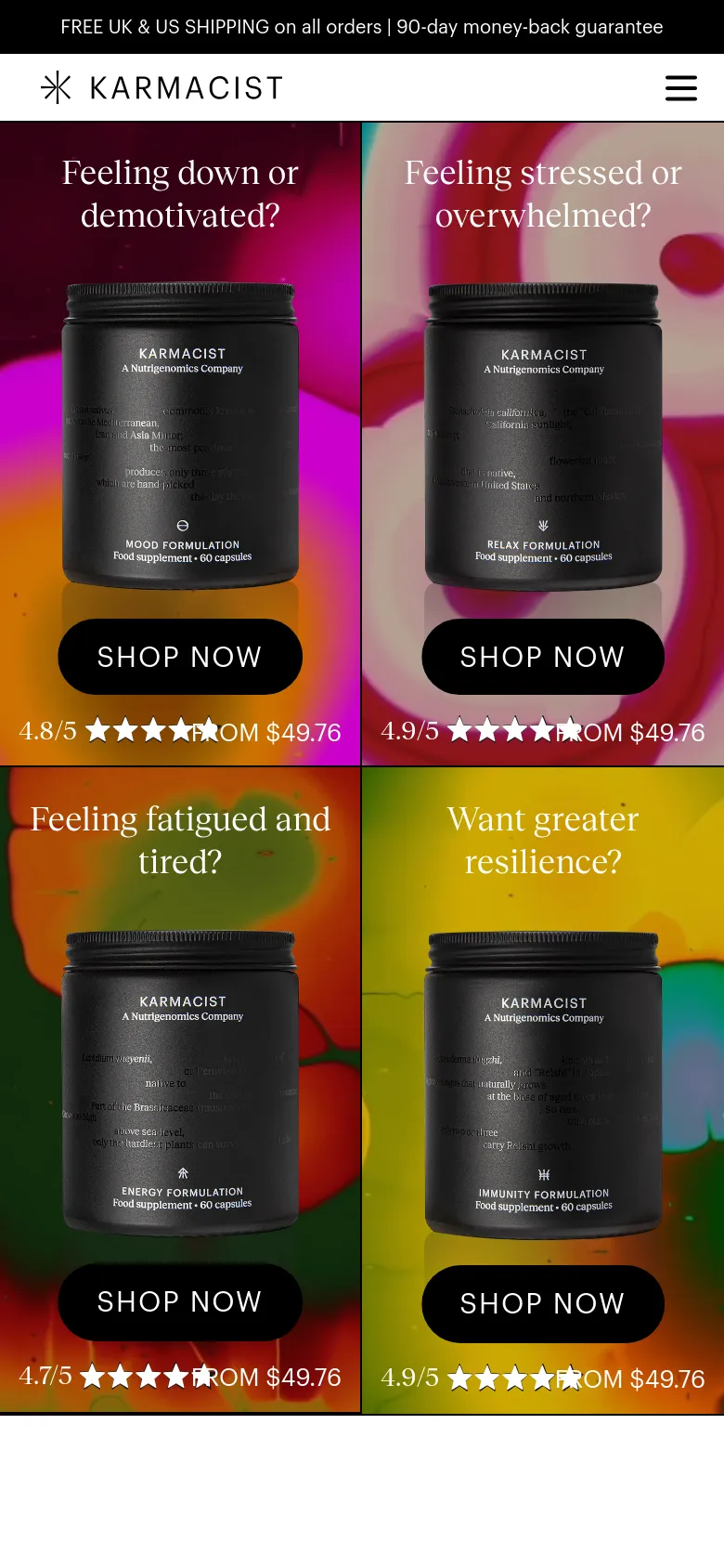The mobile version displays the same four product collections but in a vertical grid layout with two cards per row. The colorful gradient backgrounds behind the supplement bottles are more prominent, and the text and 'SHOP NOW' buttons are scaled to fit the narrower screen width.