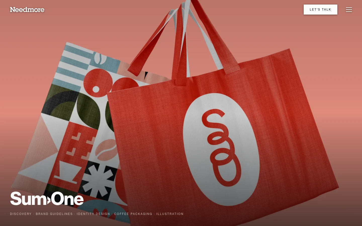 A portfolio page for Sum›One branding featuring a large hero image of two tote bags against a dusty rose background. One bag is red with a white oval logo, and the other features a colorful geometric pattern. The Needmore logo and a 'LET'S TALK' button are in the top header, while the Sum›One logo and project tags sit at the bottom.