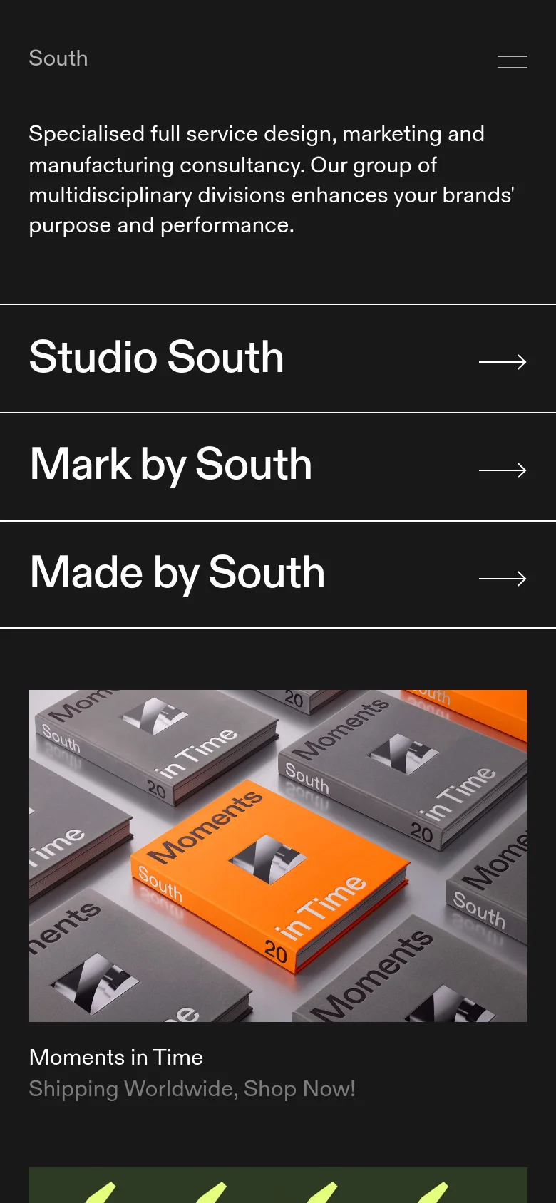 The mobile version maintains the dark aesthetic and large white text but uses a more compact layout. The top navigation is simplified with a hamburger menu icon, and the main headline is followed by a stacked list of the three service divisions, each acting as a full-width button with an arrow. The product imagery for 'Moments in Time' appears below the service links.