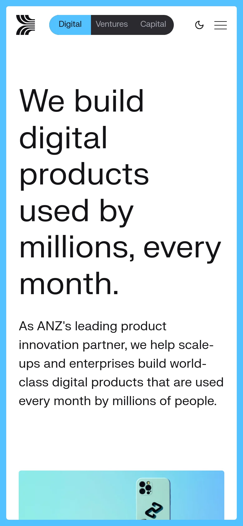 The mobile version presents a vertically stacked layout optimized for small screens. The hero headline and description are centered, and the navigation is condensed into a hamburger menu alongside a segmented toggle and a dark mode icon. The large case study cards and service sections transition from a multi-column grid to a single-column scrollable format.