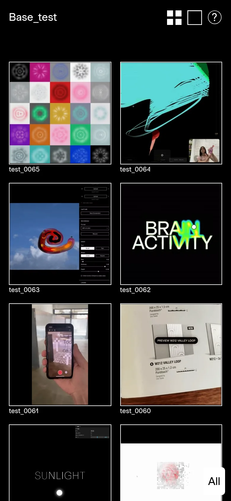 The mobile view presents the same experimental design portfolio but in a single-column vertical stack. The grid tiles and project labels are scaled down to fit the narrow screen, and the top navigation menu is condensed to maintain readability on a smaller device.