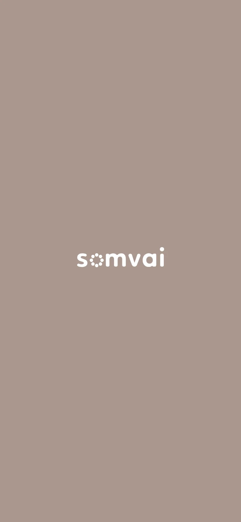 The mobile version presents a simplified, single-column layout on a light taupe background. The Somvai logo is centered prominently in the middle of the screen, and the navigation is condensed into a hamburger menu icon at the top.