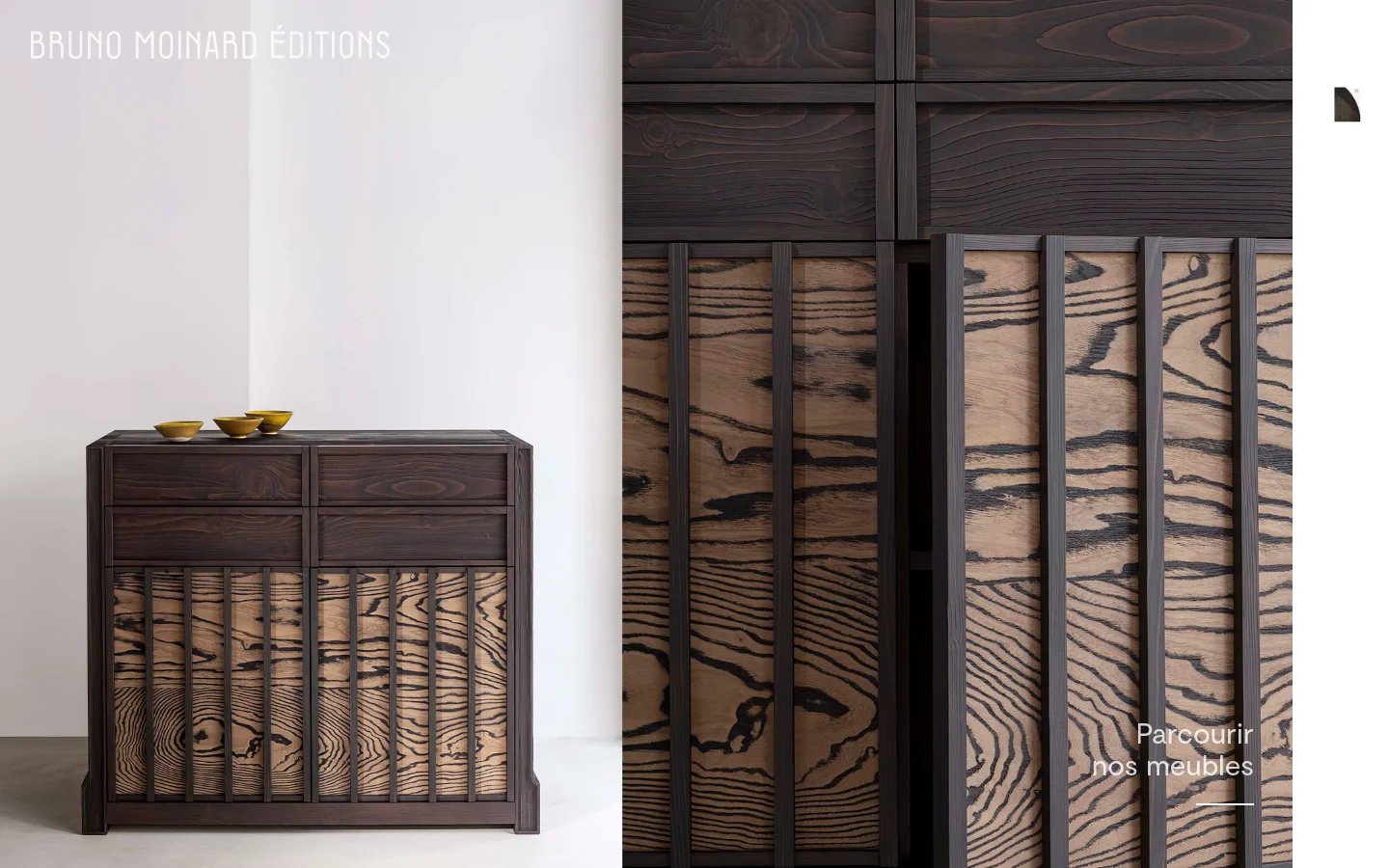 The homepage features a minimalist design with a large hero image of a dark wood Leyden sideboard against a white wall. The brand name 'BRUNO MOINARD ÉDITIONS' is displayed in white text, alongside a call to action 'Parcourir nos meubles' (Browse our furniture). The layout is clean and spacious, using high-quality photography of contemporary furniture.