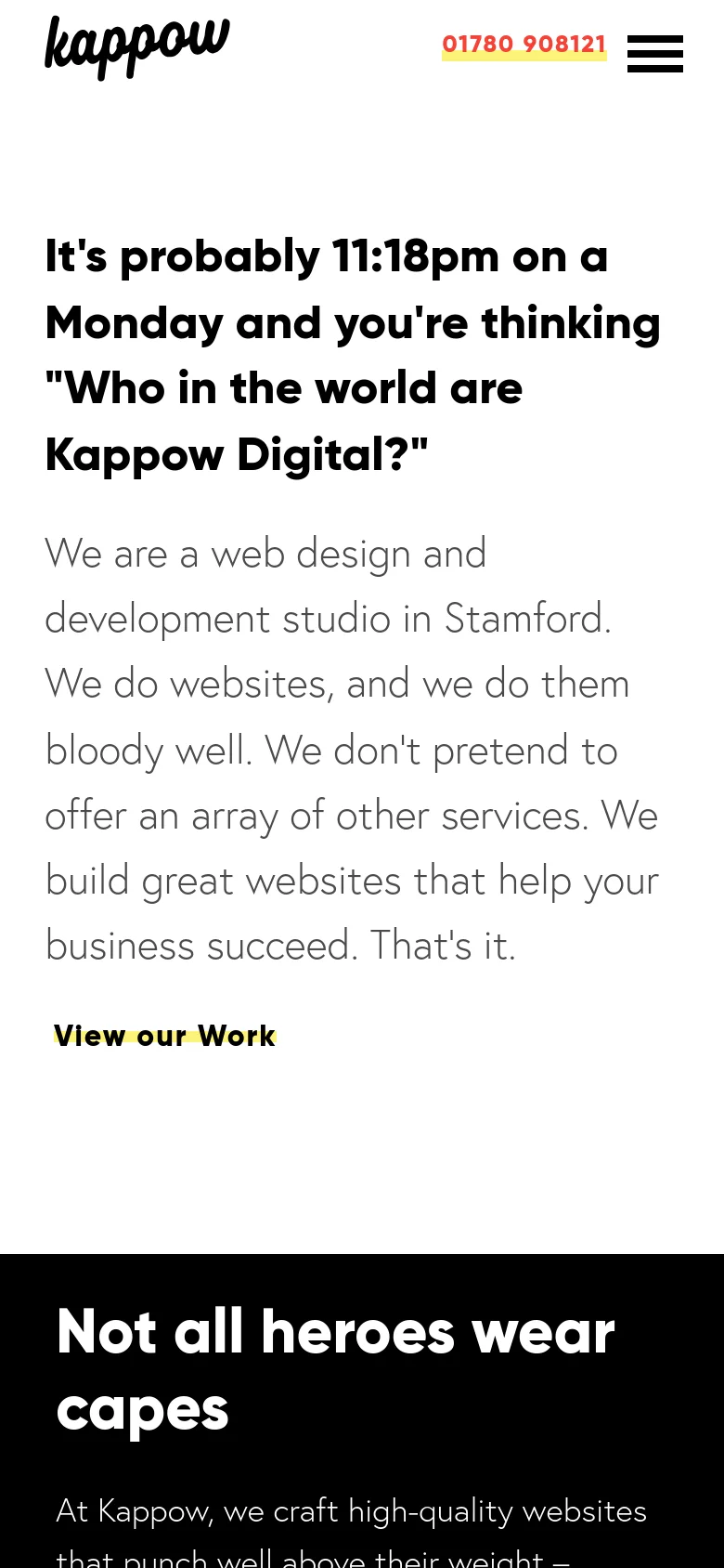 The mobile version uses a single-column layout with the large headline and introductory text stacked vertically. The navigation is condensed into a hamburger menu icon next to the phone number, and the large 'K' graphic from the desktop version is not visible in this view.
