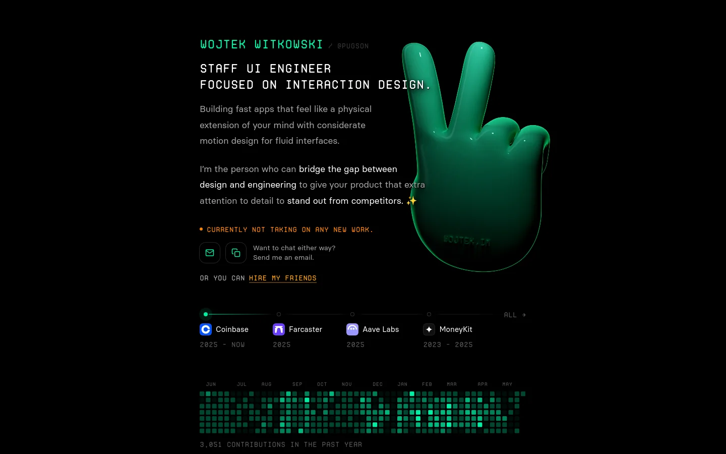 A dark-themed personal portfolio for Wojtek Witkowski, a Staff UI Engineer. The layout features teal text on a black background with a large, glowing green 3D hand making a peace sign on the right. Below the hero text, there is a horizontal timeline of professional experience with company logos like Coinbase and Farcaster, followed by a teal contribution heat map.