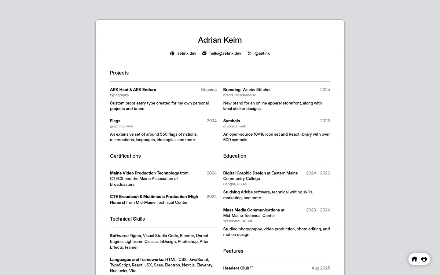 The desktop resume page for Adrian Keim features a clean, minimalist design with a centered white card on a light gray background. It lists Projects, Certifications, Education, and Technical Skills in a multi-column layout using black text and subtle gray accents. Contact information including a website, email, and X handle is displayed at the top with small icons.