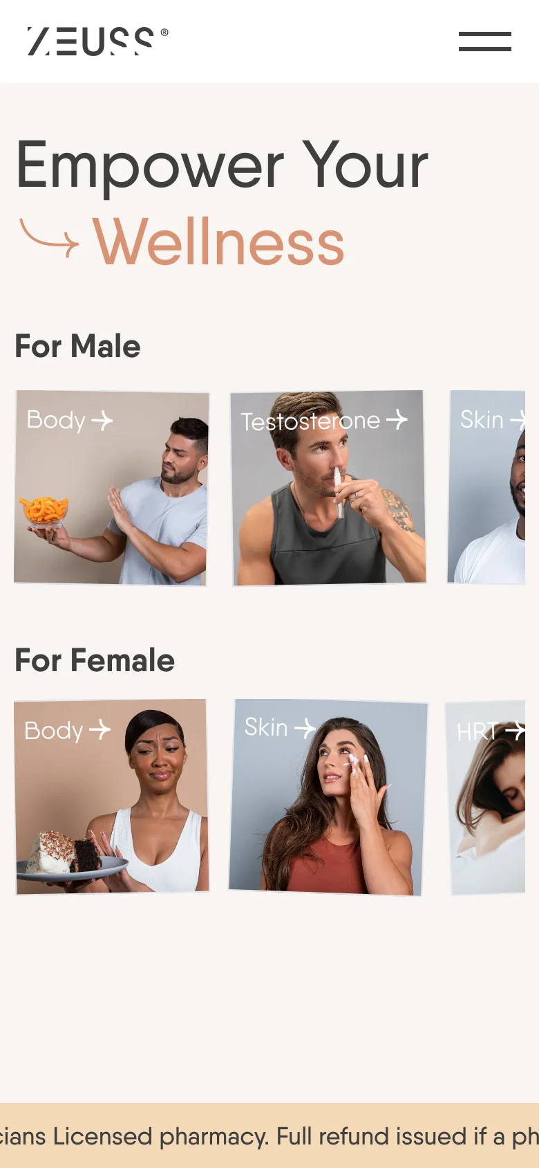 The mobile version uses a vertical stack, starting with a large hero image and the headline 'Empower Your Wellness'. Service options are presented as individual, full-width cards for men's health (Body, Testosterone, Skin, Hair) followed by a section for women's health.