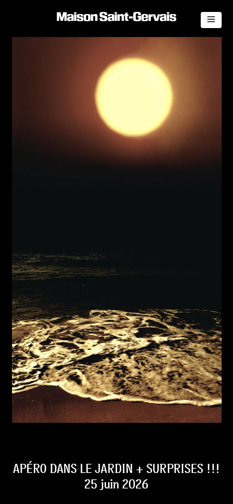 The mobile version presents a vertically stacked layout optimized for small screens, focusing on the large hero image of a sunset over waves. The navigation is simplified to a hamburger menu icon next to the logo, and the content below the hero image follows a single-column scrollable format.
