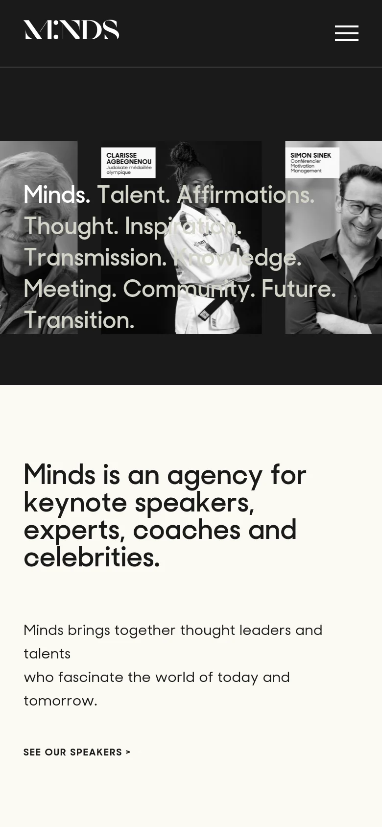 The mobile version uses a simplified dark header with the Minds logo and a hamburger menu icon. The hero section stacks the black and white speaker portraits and the large white text vertically, followed by the white content section containing the agency description and the 'SEE OUR SPEAKERS' link.