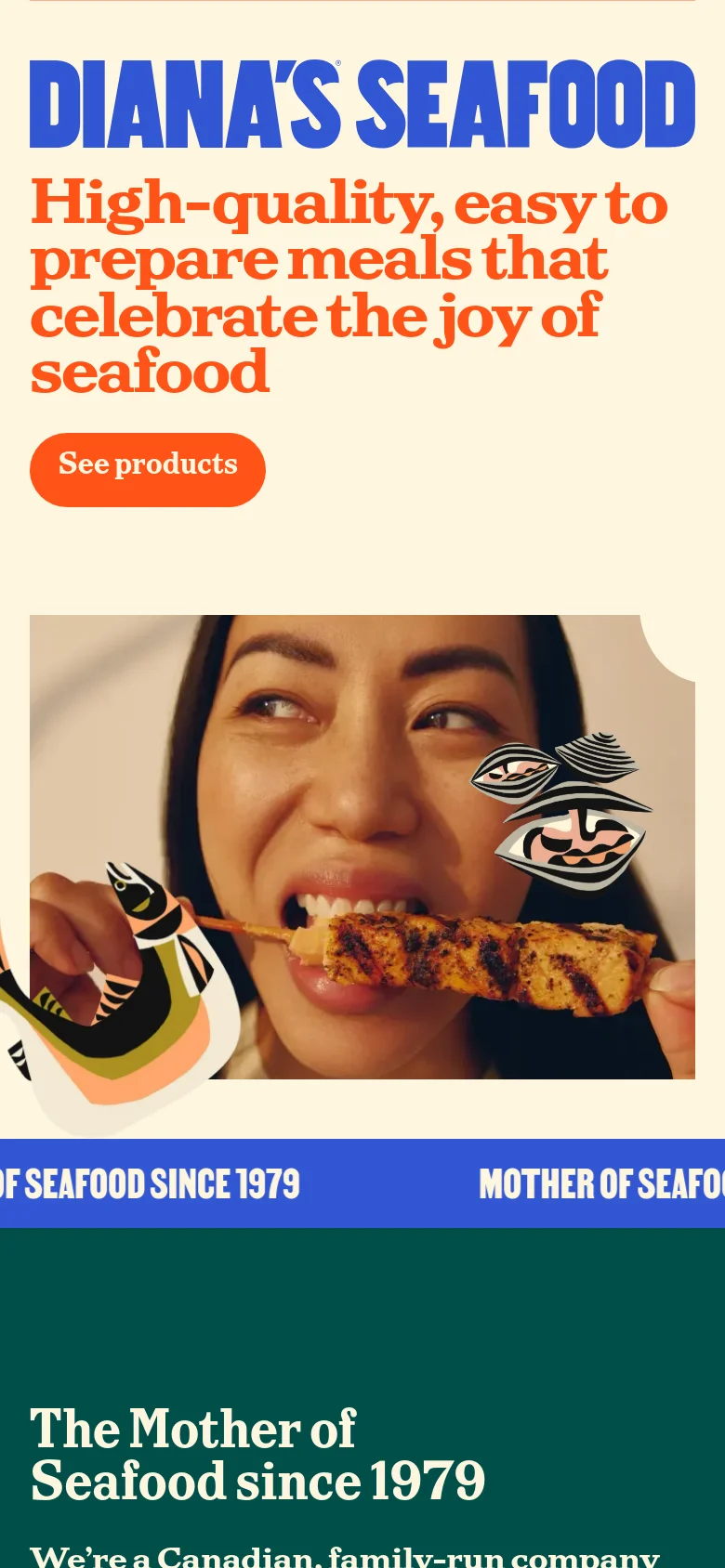 The mobile version presents a vertically stacked layout with the blue Diana's Seafood logo at the top, followed by the orange headline and 'See products' button. The hero image of a person enjoying seafood is positioned below the text, filling the width of the screen.