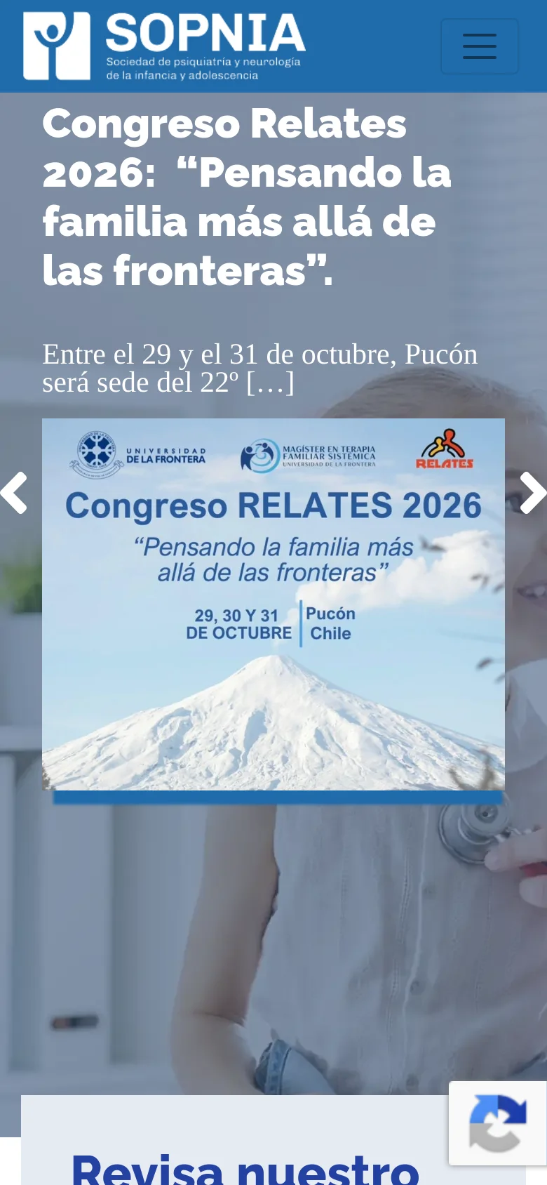 The mobile version simplifies the layout with a condensed header containing the SOPNIA logo and a hamburger menu icon. The hero section maintains the large promotional text and congress poster image over a background of a child and doctor, but the navigation links and search bar are hidden within the menu.