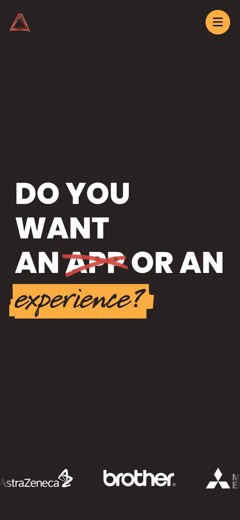The mobile version uses a similar dark theme and bold typography, but the headline is stacked vertically to fit the narrow screen. The navigation is condensed into a hamburger menu icon in the top right, and the client logo strip at the bottom is partially visible and horizontally scrollable.