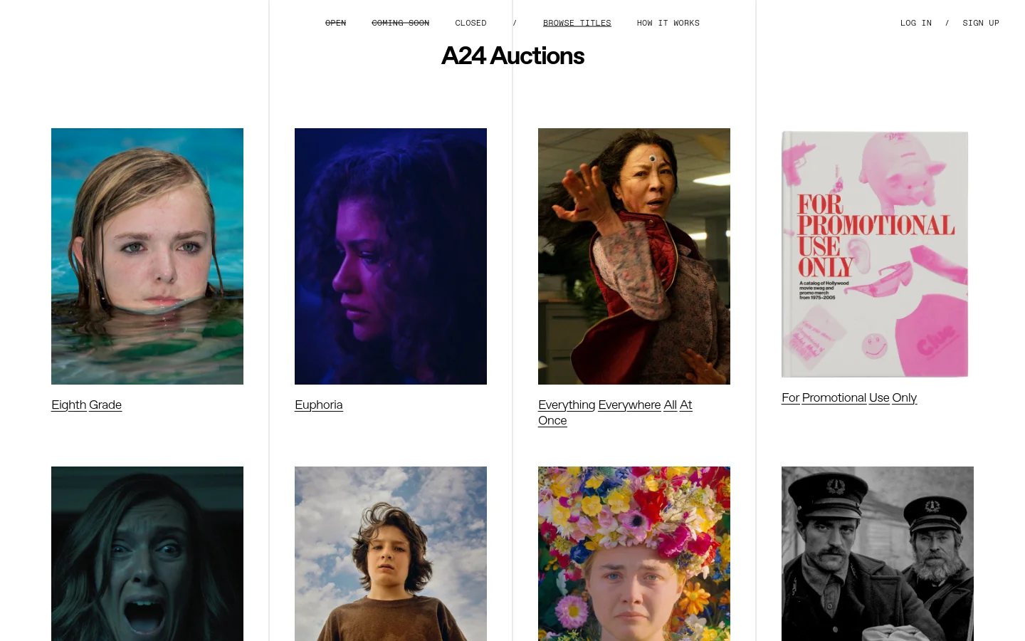 The desktop version of the A24 Auctions browse page features a clean white background with a minimalist navigation menu at the top. A grid of large, square movie promotional images is displayed, each accompanied by its title in black text below, including titles like Eighth Grade and Euphoria.