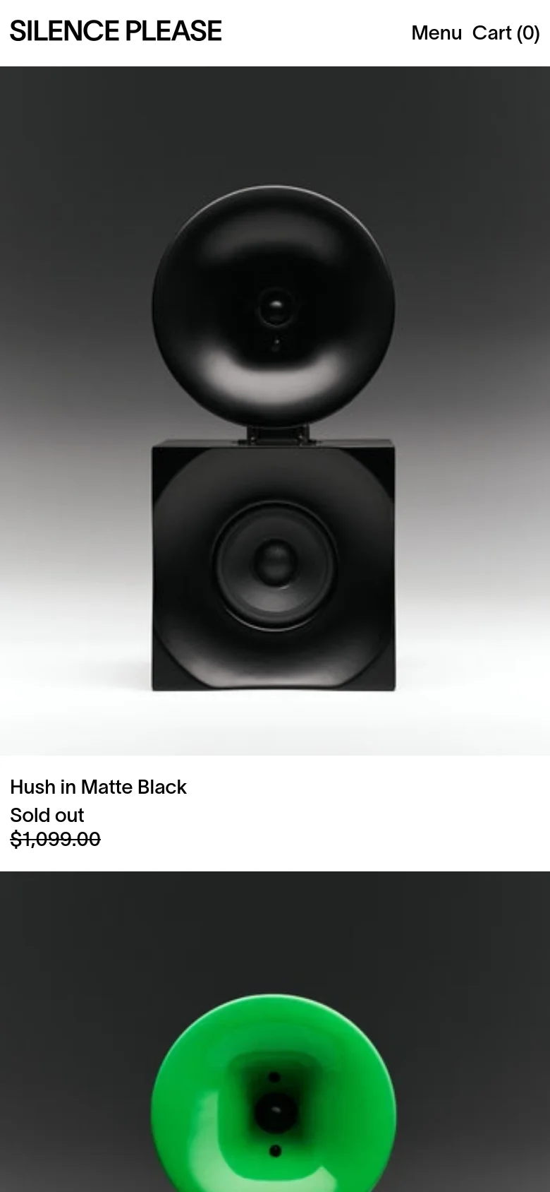 The mobile version features a single-column vertical scroll layout, displaying large, high-resolution images of individual speakers. The header is simplified with a 'Menu' button and 'Cart (0)' link, focusing the user's attention on the product imagery and pricing.