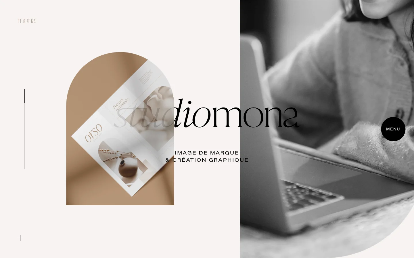 The desktop homepage features a minimalist, high-end aesthetic with a split-screen layout. The left side is a light beige with the 'studio mona' logo and a large arched graphic showcasing brand design work, while the right side shows a black-and-white photograph of a person working on a laptop. A circular 'MENU' button is positioned on the right edge.