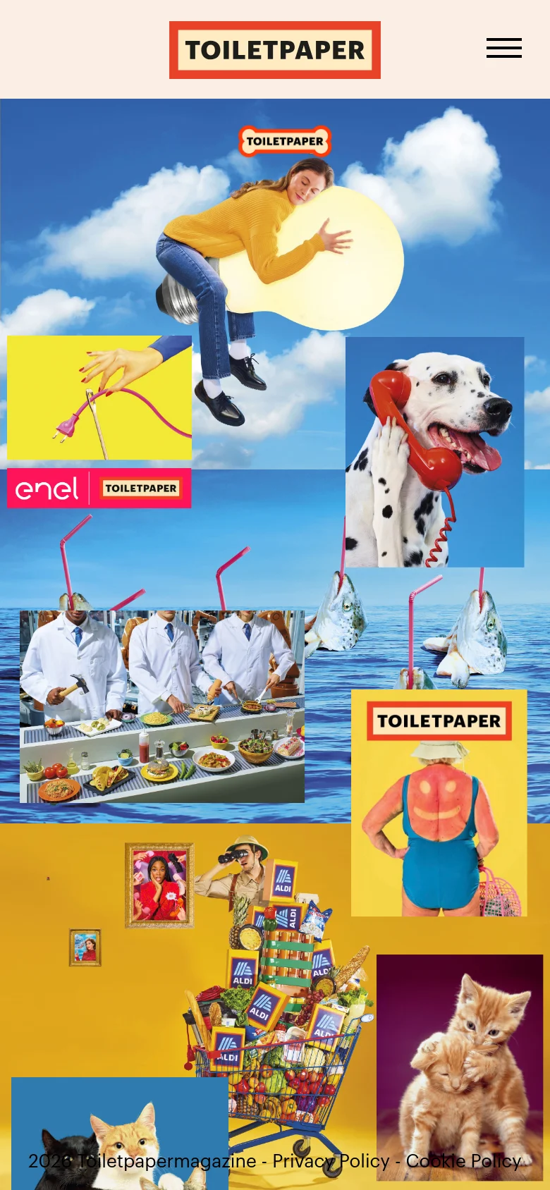 The mobile version presents a simplified layout with a centered 'TOILETPAPER' logo in a red box at the top and a hamburger menu icon on the right. The surreal hero image of a woman hugging a giant lightbulb remains the central focus, followed by a vertically stacked grid of colorful, eclectic photographic images.