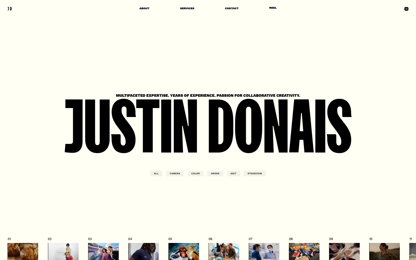 The desktop homepage features a minimalist cream background with large, bold black typography reading 'JUSTIN DONAIS' as the hero element. A navigation menu is at the top with links for About, Services, Contact, and Reel, and a filterable gallery of project thumbnails is visible at the bottom.