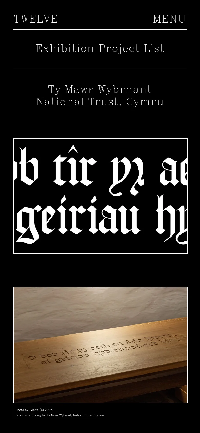 The mobile version maintains the black and white minimalist aesthetic but uses a stacked vertical layout. The navigation is condensed into a 'MENU' button, and the exhibition project list and large-scale typography images are scaled to fit the narrower screen width.