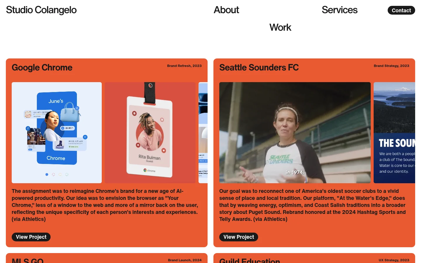The Work page displays a portfolio of projects in a grid layout with large, colorful cards. Each card features a project title, year, category, high-quality imagery, a brief description, and a black 'View Project' button. The design uses a clean white background with vibrant orange and blue accent colors for the project cards.
