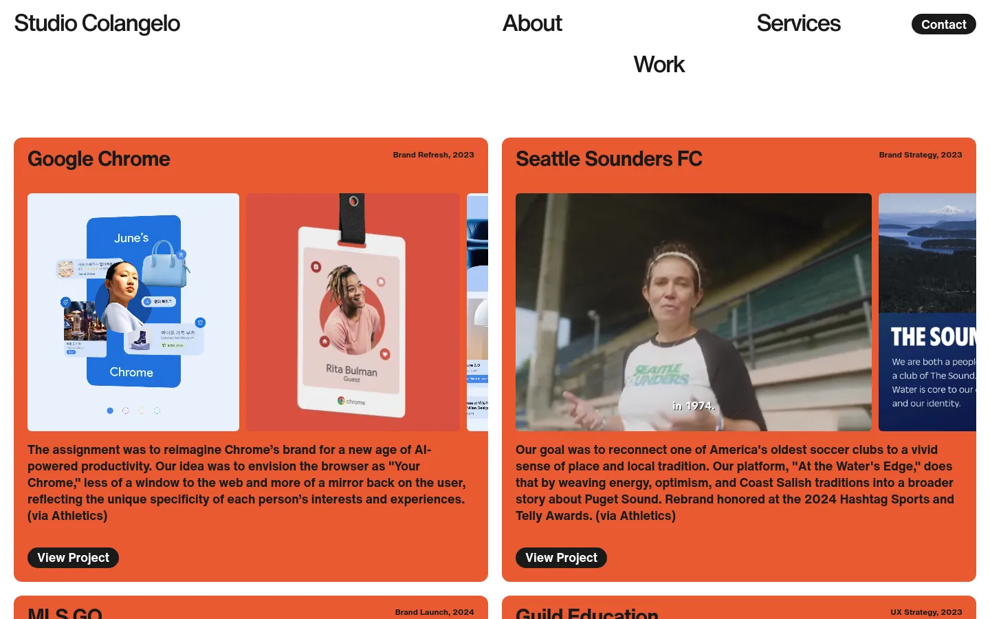 The Work page displays a portfolio of projects in a grid layout with large, colorful cards. Each card features a project title, year, category, high-quality imagery, a brief description, and a black 'View Project' button. The design uses a clean white background with vibrant orange and blue accent colors for the project cards.