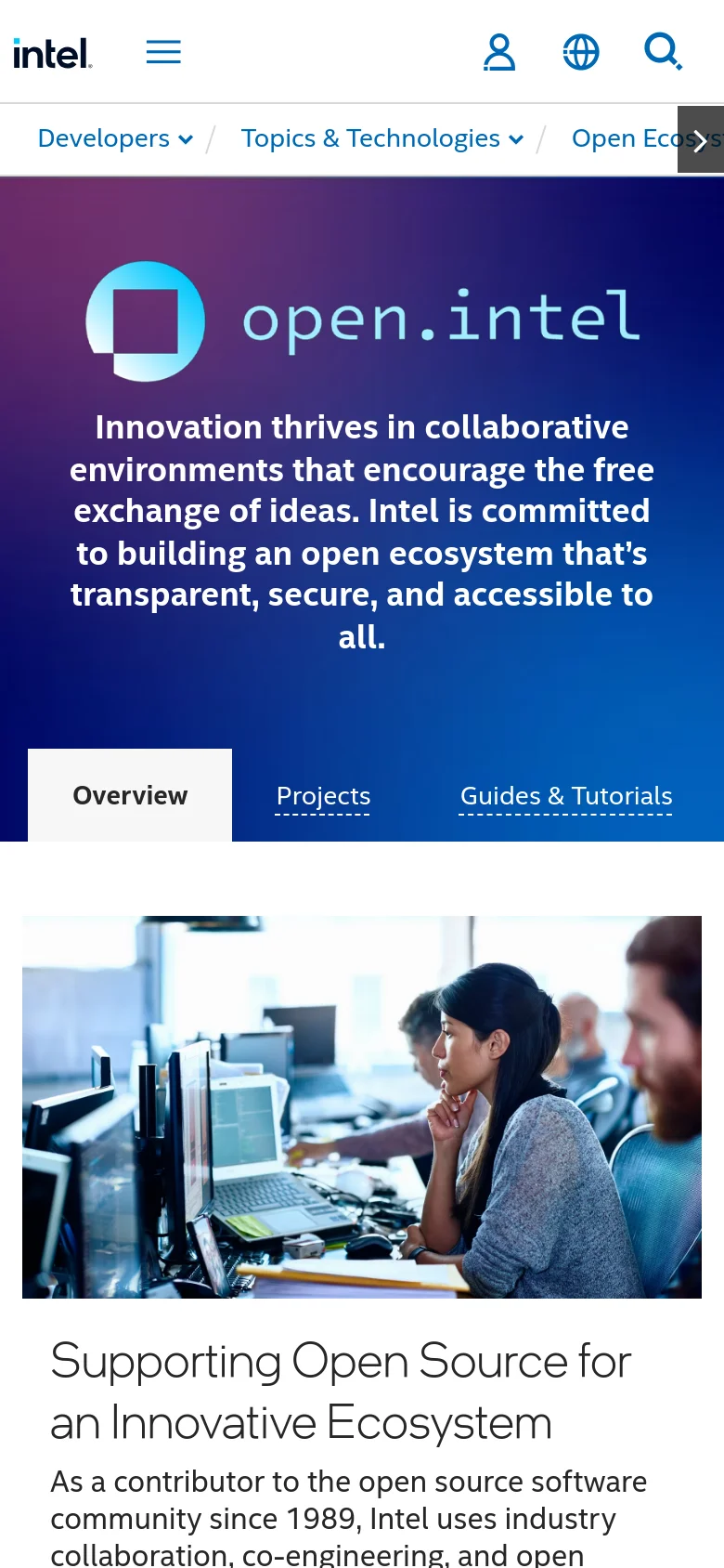 The mobile version presents a vertically stacked layout, starting with a large blue hero banner containing the 'open.intel' logo and mission statement. A horizontal navigation menu follows, leading into a single-column view of the 'Supporting Open Source' text and its accompanying office imagery.
