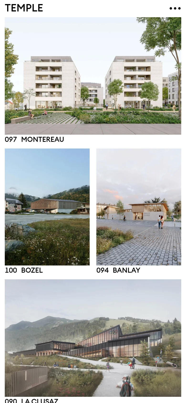 The mobile version displays the same architectural project grid but in a single-column vertical layout. The images are larger relative to the screen width, and the navigation menu is condensed at the top, maintaining the clean, white aesthetic and black typography.