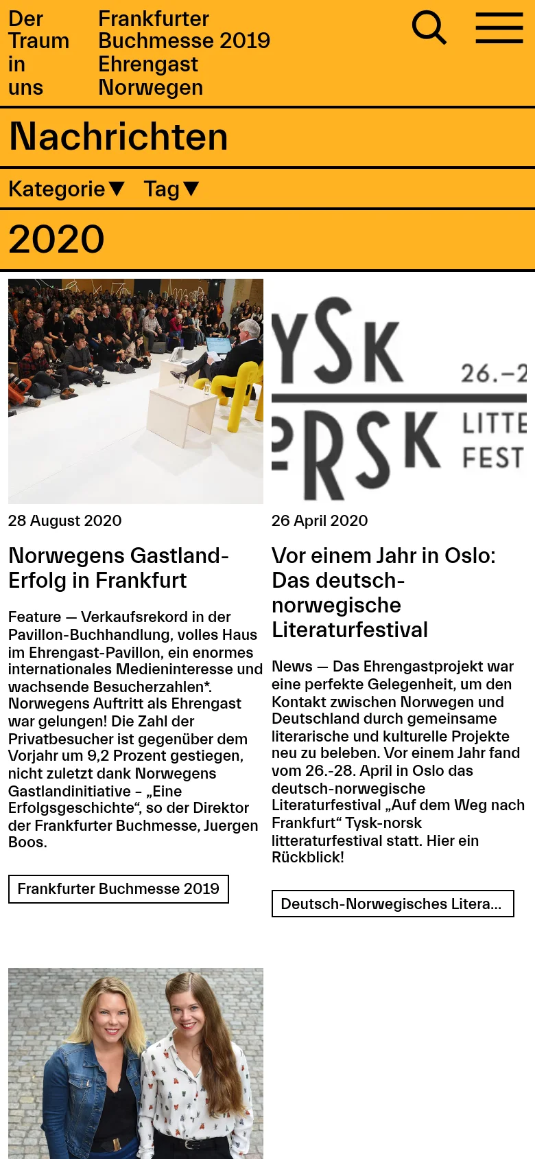 The mobile version maintains the yellow header and 'Nachrichten' title but transitions the news articles from a three-column grid into a single-column vertical stack. The navigation menu is condensed into a hamburger icon and a search icon at the top right, making the content easier to scroll through on a narrow screen.