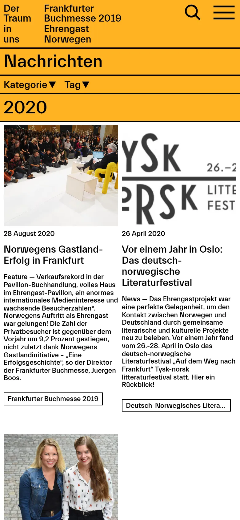 The mobile version maintains the yellow header and 'Nachrichten' title but transitions the news articles from a three-column grid into a single-column vertical stack. The navigation menu is condensed into a hamburger icon and a search icon at the top right, making the content easier to scroll through on a narrow screen.