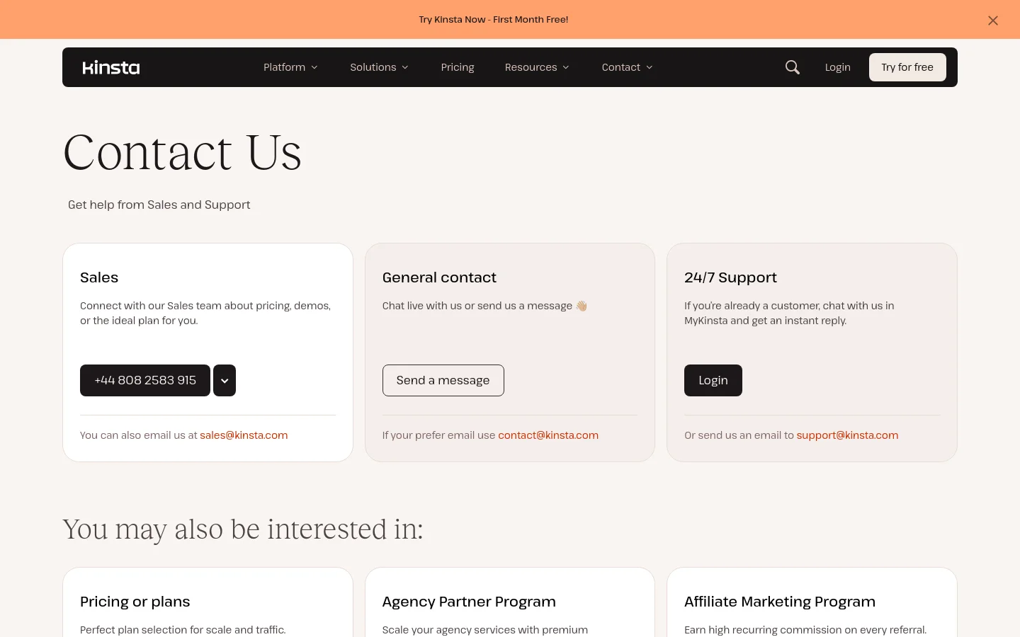 The Contact Us desktop page features a clean, white layout with a dark navigation bar at the top. Three large white cards with rounded corners are arranged horizontally, providing contact options for Sales, General contact, and 24/7 Support. Below these cards, a section titled 'You may also be interested in:' displays additional service cards in a grid format.