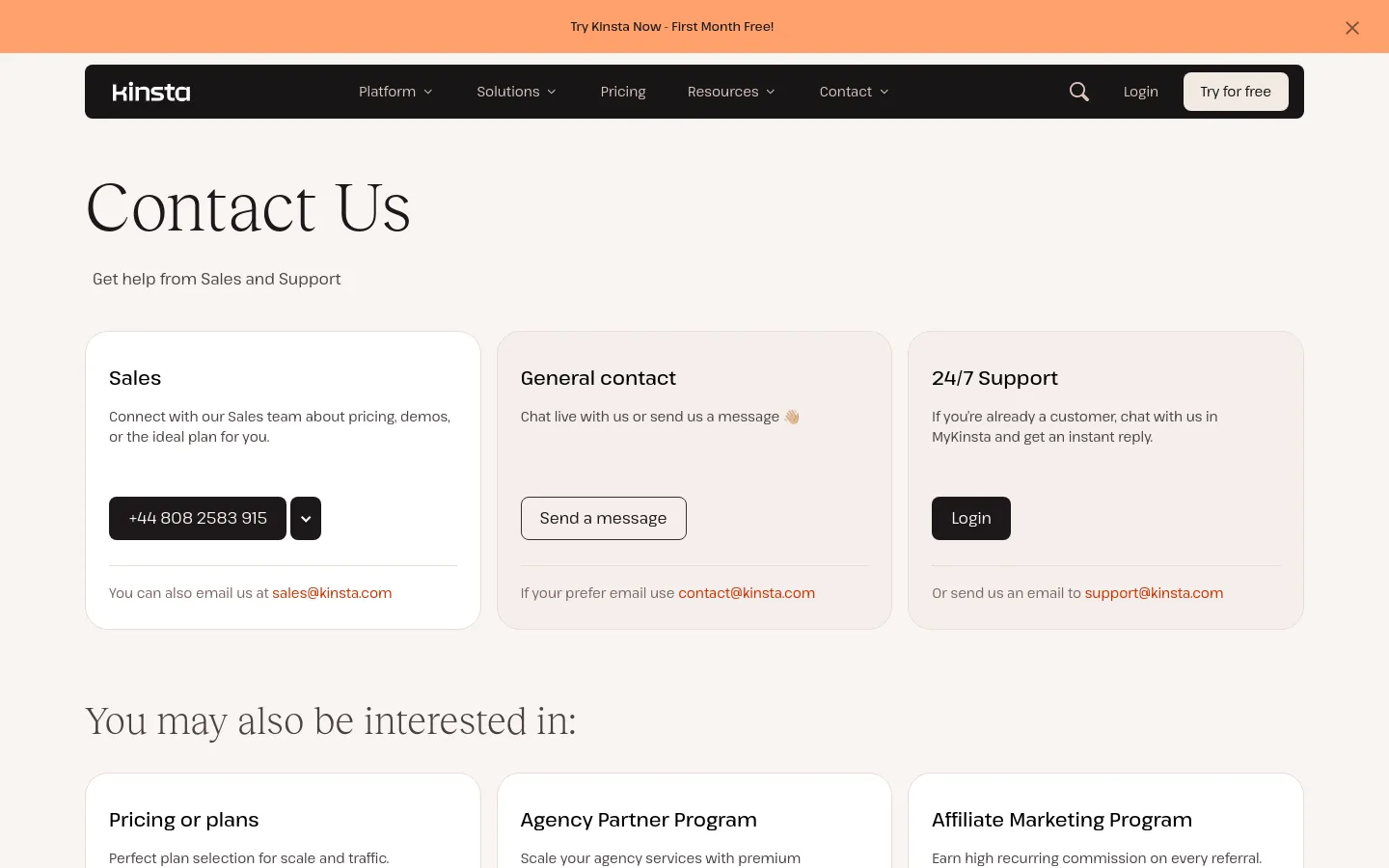 The Contact Us desktop page features a clean, white layout with a dark navigation bar at the top. Three large white cards with rounded corners are arranged horizontally, providing contact options for Sales, General contact, and 24/7 Support. Below these cards, a section titled 'You may also be interested in:' displays additional service cards in a grid format.