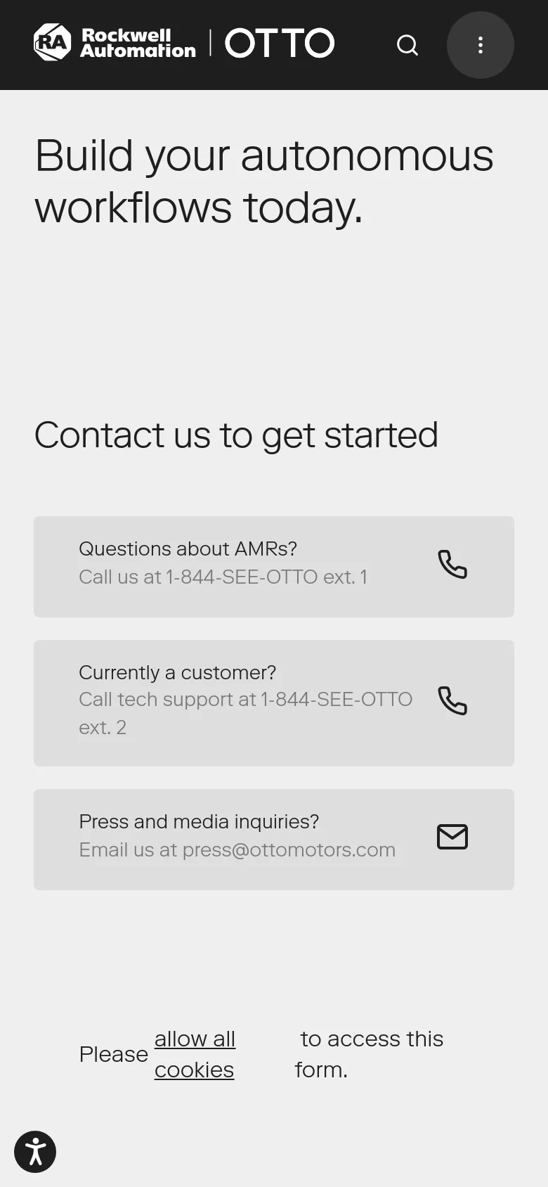 The mobile version maintains the same minimalist light gray aesthetic and typography but utilizes a vertical stack layout. The large headings appear at the top, followed by the three contact information cards arranged vertically. The navigation is condensed, and the contact cards span the width of the screen to ensure readability on a smaller device.