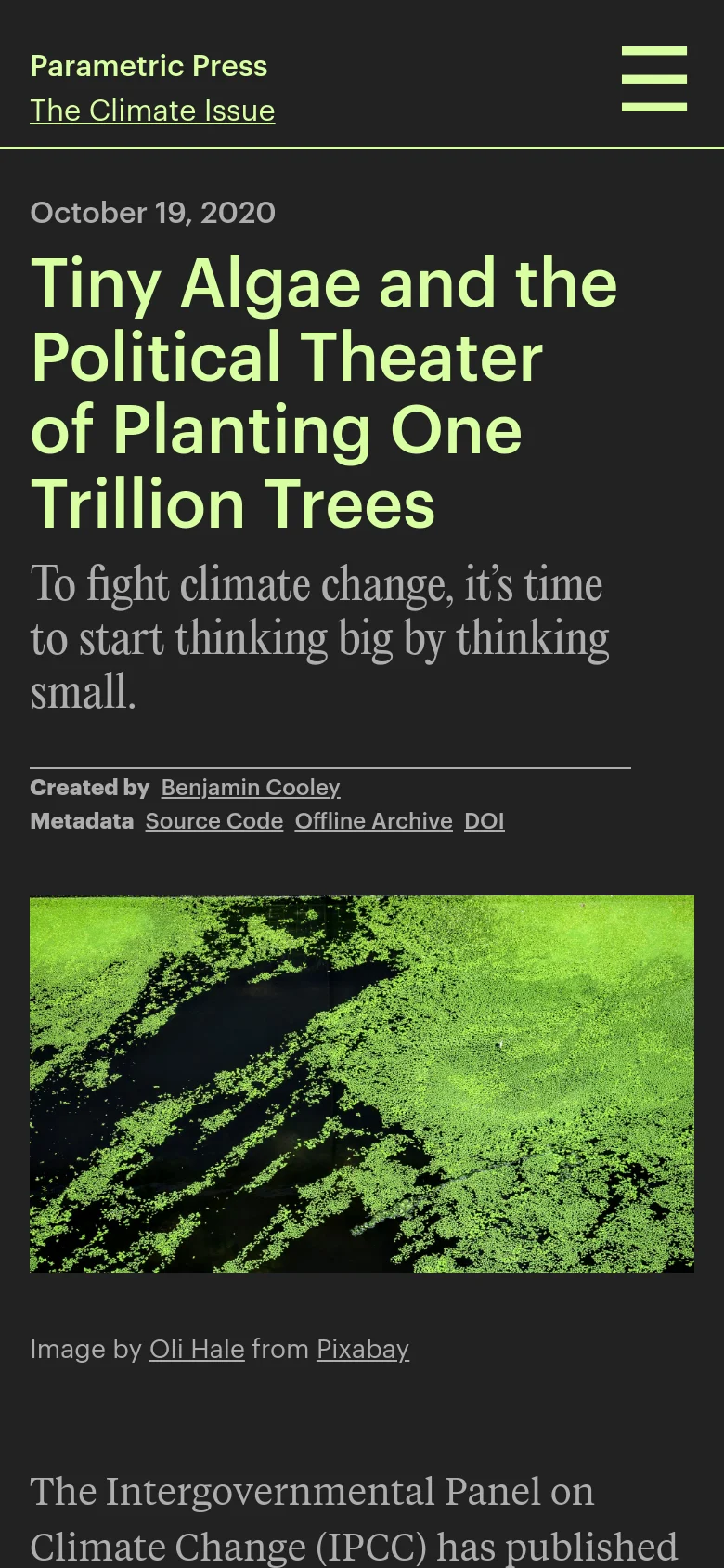 The mobile version maintains the dark theme and large white typography but stacks the content vertically. The headline and subheadline occupy the top portion of the screen, followed by metadata links, and then the large green algae photograph which spans the width of the device. A hamburger menu icon is visible in the top right corner.