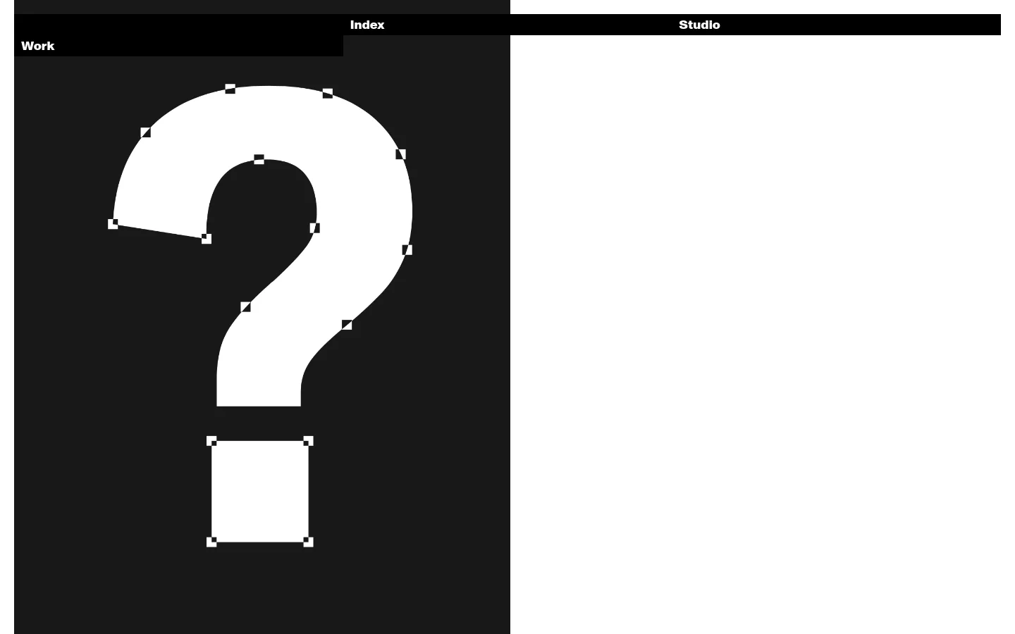 The desktop homepage features a minimalist black and white design with a navigation bar at the top containing links for Work, Index, and Studio. The main content area displays a large, stylized white question mark composed of geometric shapes against a black background, positioned next to a white panel.