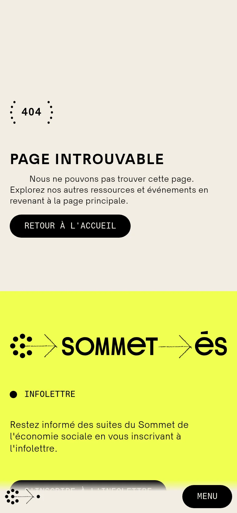 The mobile version presents the same 404 error message and 'RETOUR À L'ACCUEIL' button in a vertically stacked layout. The lime green footer section is condensed, and the navigation is replaced by a 'MENU' button at the bottom right, maintaining the high-contrast black and lime green color scheme.