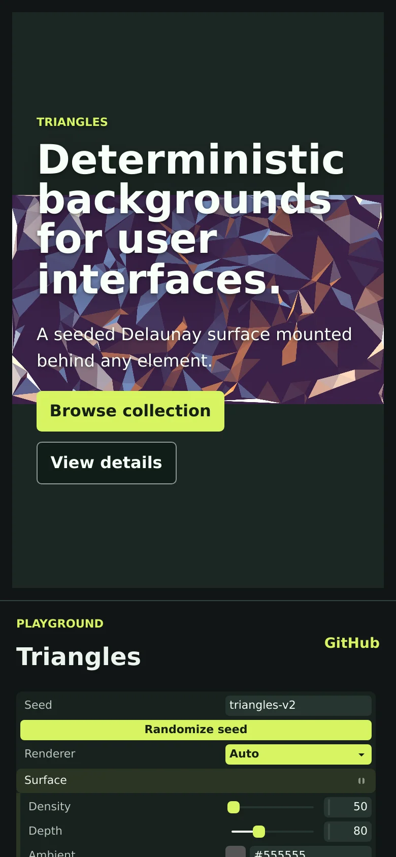 The mobile version presents a vertically stacked layout, starting with the hero section featuring the large headline and geometric triangle background. Below the hero, the configuration controls from the desktop sidebar are reorganized into a single-column scrolling list, making the settings and export buttons easier to interact with on a smaller screen.