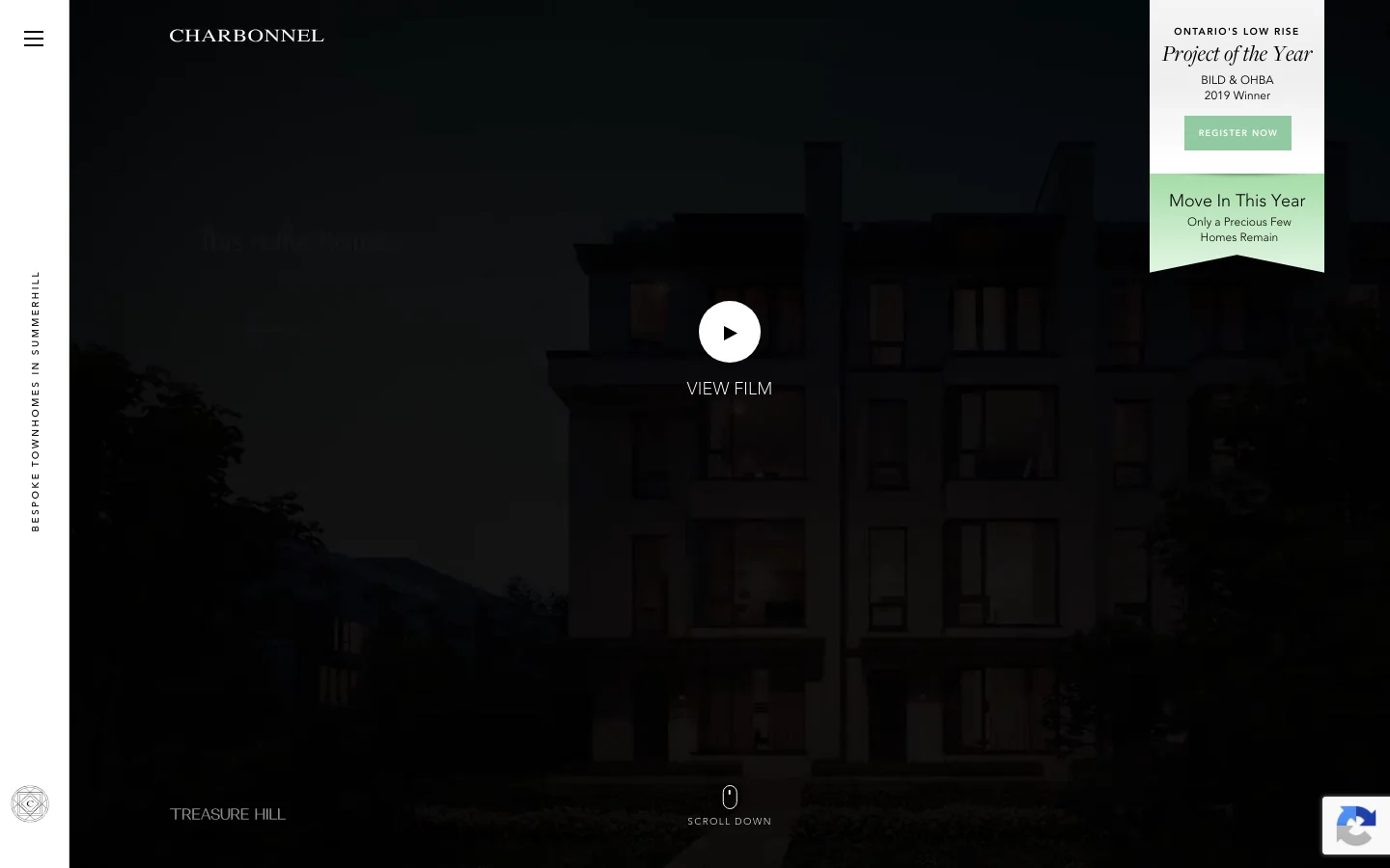 The desktop homepage features a dark, cinematic hero image of a modern townhome at dusk with a central 'VIEW FILM' play button. A navigation menu is on the left, and a white floating box on the right highlights 'Project of the Year' awards and a 'REGISTER NOW' call to action. The layout is expansive with minimal text and a 'SCROLL DOWN' indicator at the bottom.