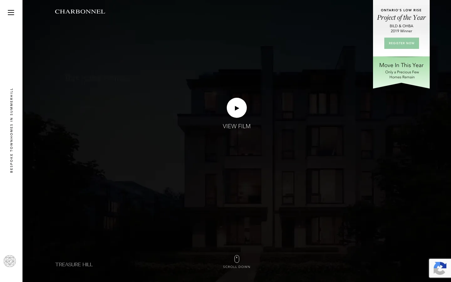 The desktop homepage features a dark, cinematic hero image of a modern townhome at dusk with a central 'VIEW FILM' play button. A navigation menu is on the left, and a white floating box on the right highlights 'Project of the Year' awards and a 'REGISTER NOW' call to action. The layout is expansive with minimal text and a 'SCROLL DOWN' indicator at the bottom.