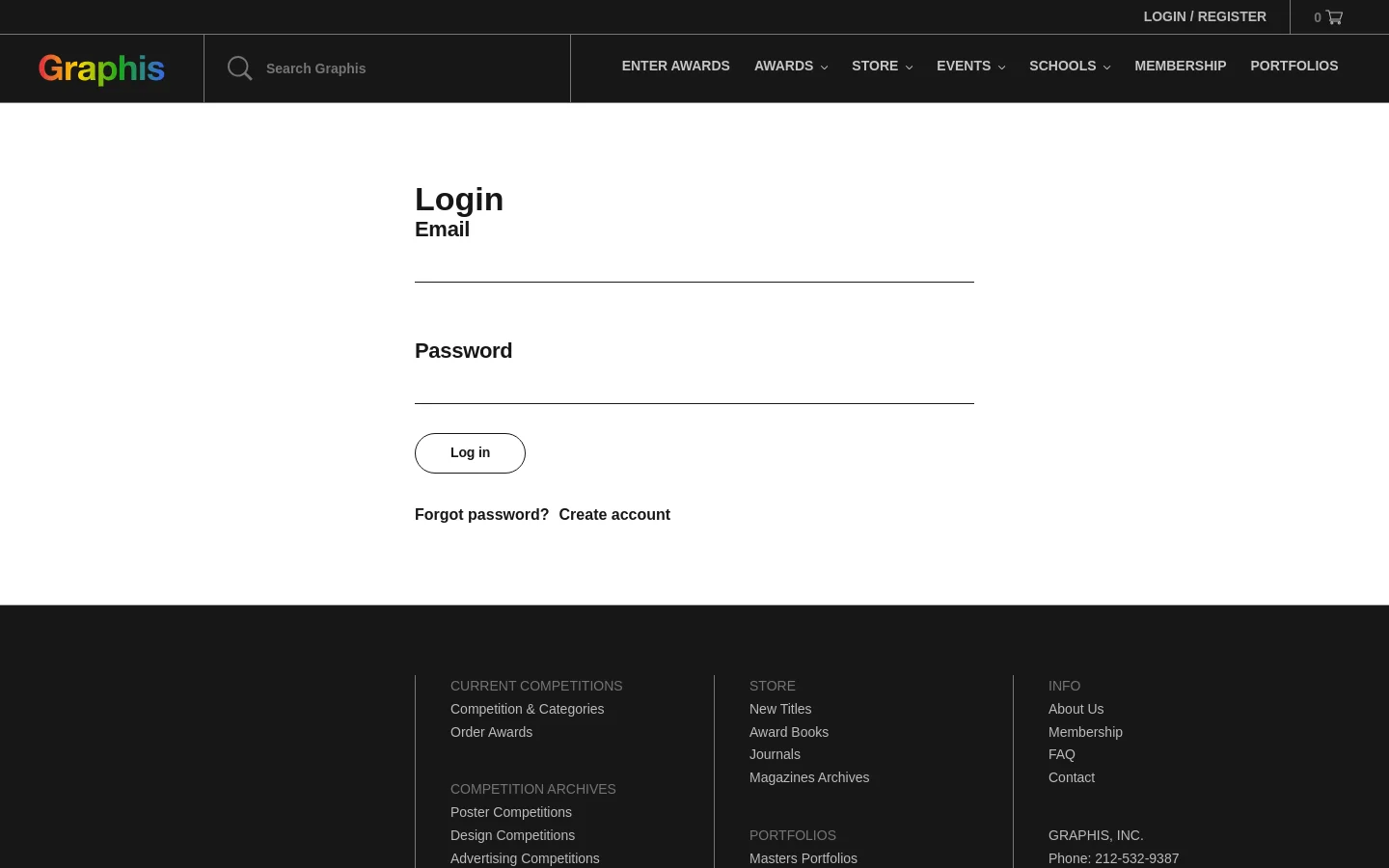 The desktop login page features a dark header with the Graphis logo, a search bar, and a navigation menu including Enter Awards and Membership. The main content area is white with a centered login form containing fields for Email and Password, a Log in button, and links for password recovery and account creation. A black footer contains categorized site links under headings like Current Competitions and Store.