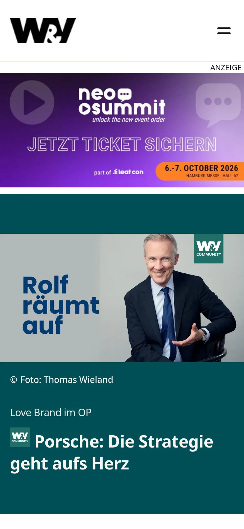 The mobile version displays a simplified layout with a white header containing the W&V logo and a hamburger menu icon. A large purple advertisement banner for 'neo summit' spans the width of the screen, followed by a full-width hero article section with a dark teal background, a large image, and a headline about Porsche.
