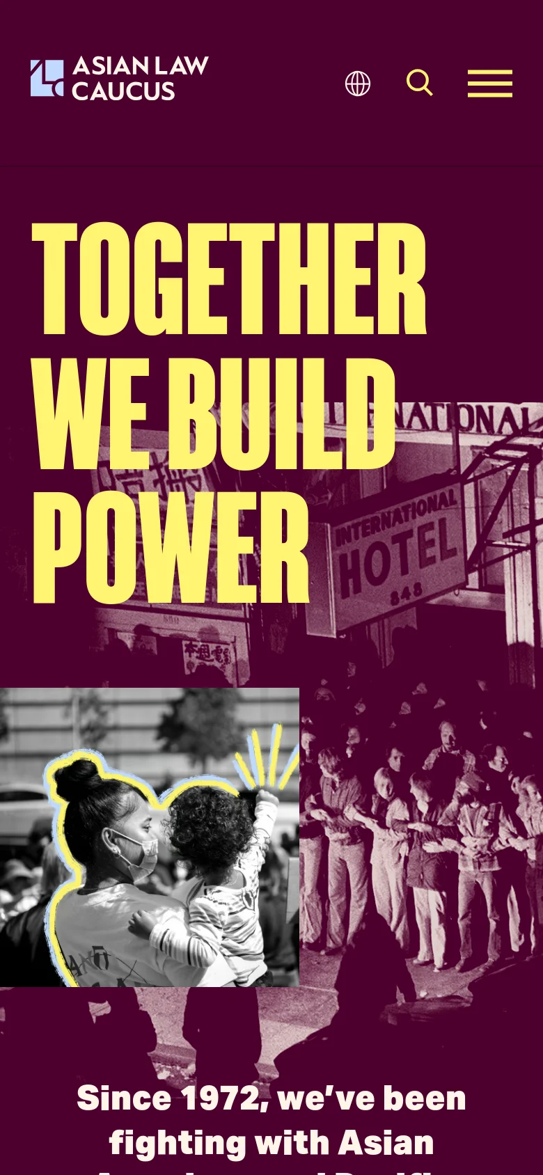 The mobile version maintains the maroon background and large yellow headline 'TOGETHER WE BUILD POWER' but uses a condensed layout. The navigation is simplified into a hamburger menu and a globe icon, while the hero imagery is stacked vertically below the main text.