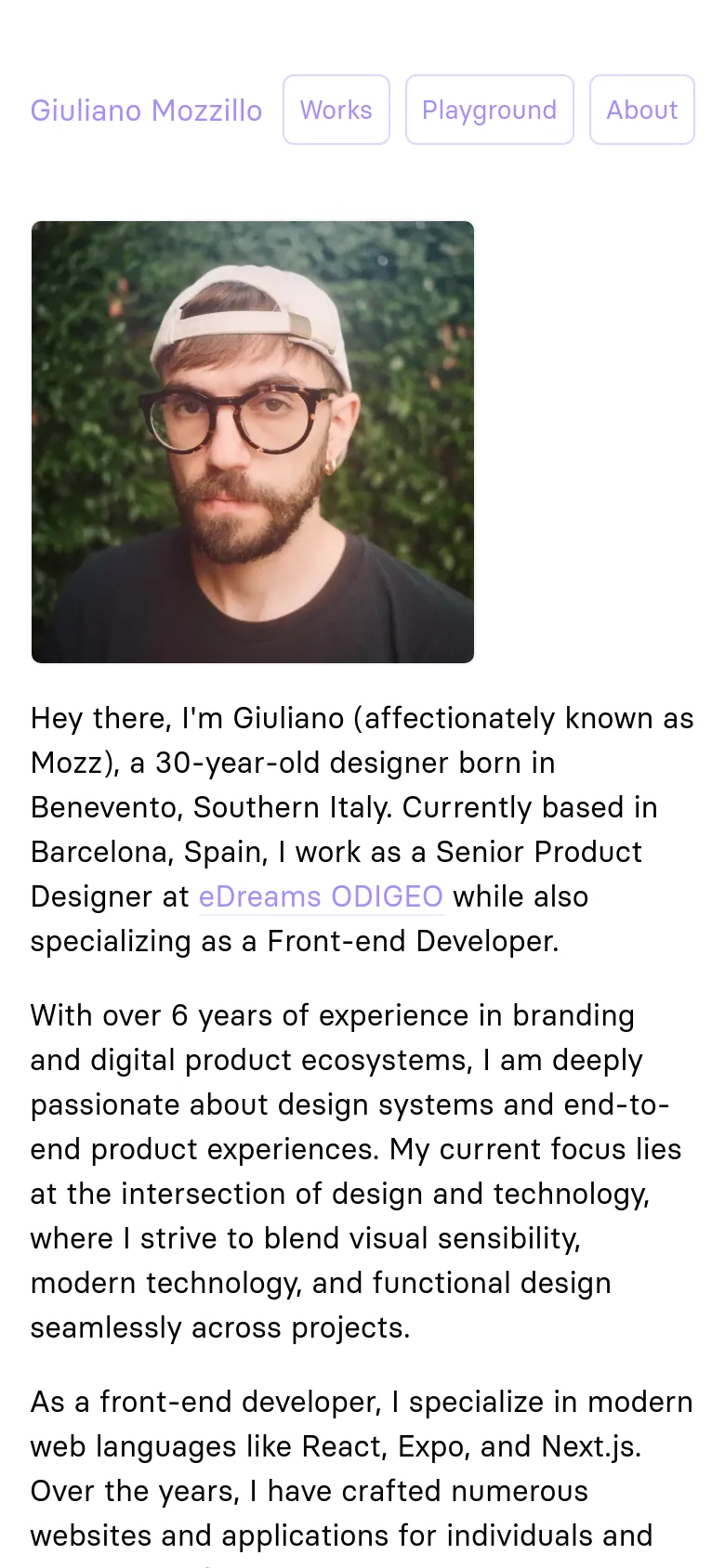 The mobile version uses a single-column vertical layout. The portrait image is centered at the top, followed by the biographical text and experience list stacked underneath. Navigation links are displayed as buttons at the top of the screen.
