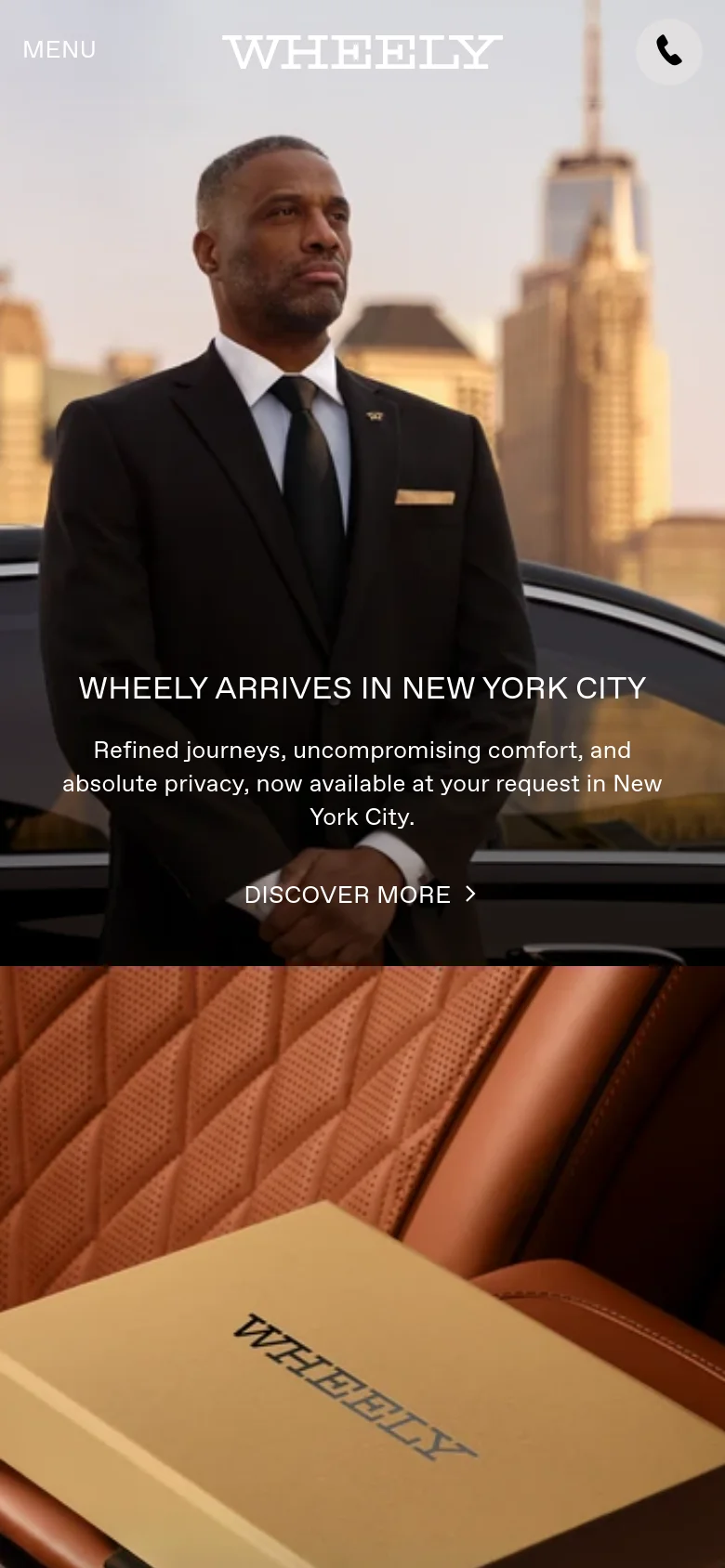 The mobile version simplifies the layout, replacing the top navigation bar with a 'MENU' text link and a floating phone icon. The hero image remains the central focus, featuring the chauffeur and the headline 'WHEELY ARRIVES IN NEW YORK CITY' positioned over the center of the screen.