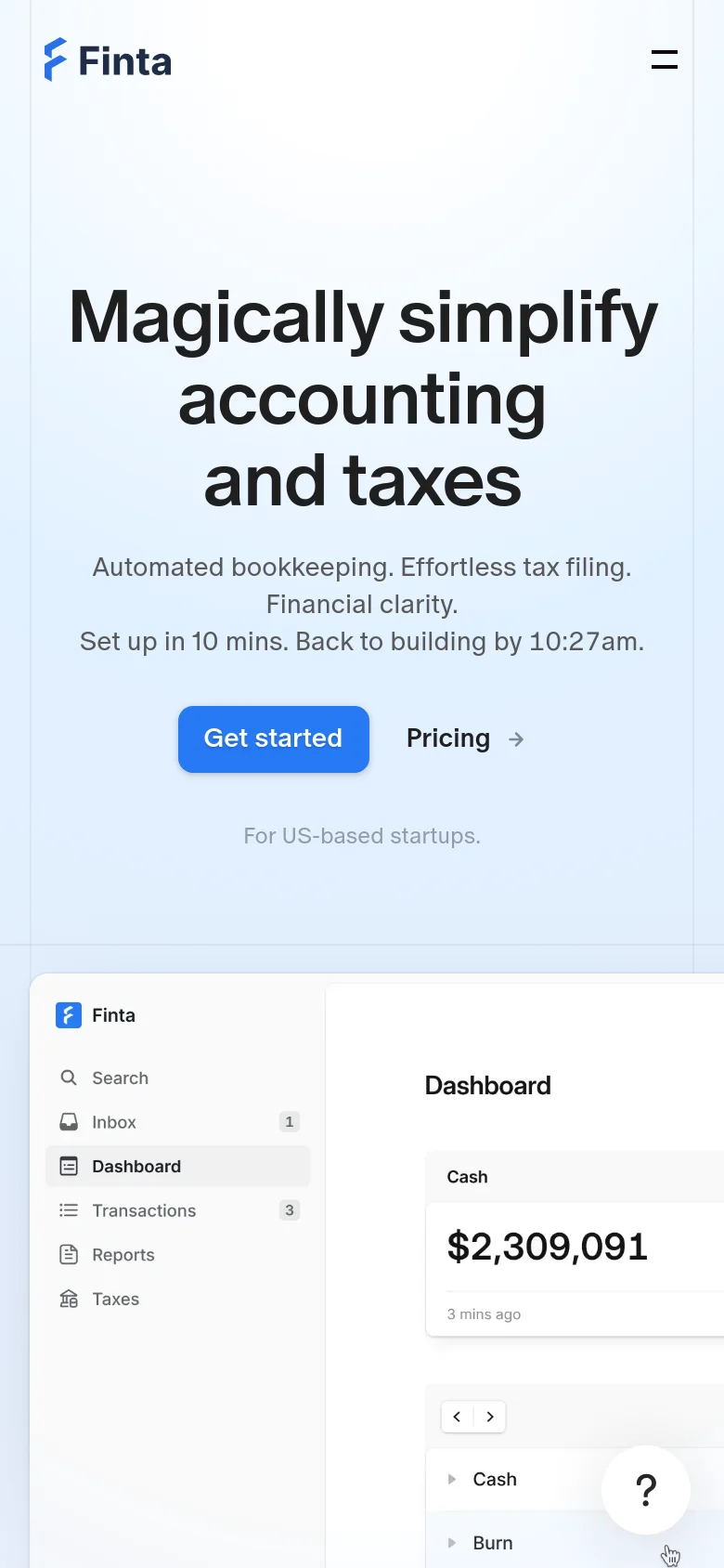 Mobile version of the Finta homepage with a centered, single-column layout. The headline and description are stacked vertically above the 'Get started' and 'Pricing' buttons, and the navigation menu is collapsed into a hamburger icon in the top right corner.