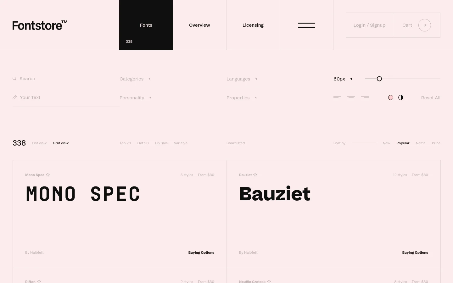 The Fontstore homepage features a clean, minimalist white layout with a top navigation bar containing links for Fonts, Overview, and Licensing. Below the header, a comprehensive filtering system allows users to sort fonts by category, language, personality, and technical properties. The main content area displays a grid of font specimens, such as 'Mono Spec' and 'Bauziet,' showing large typographic previews, style counts, and pricing.