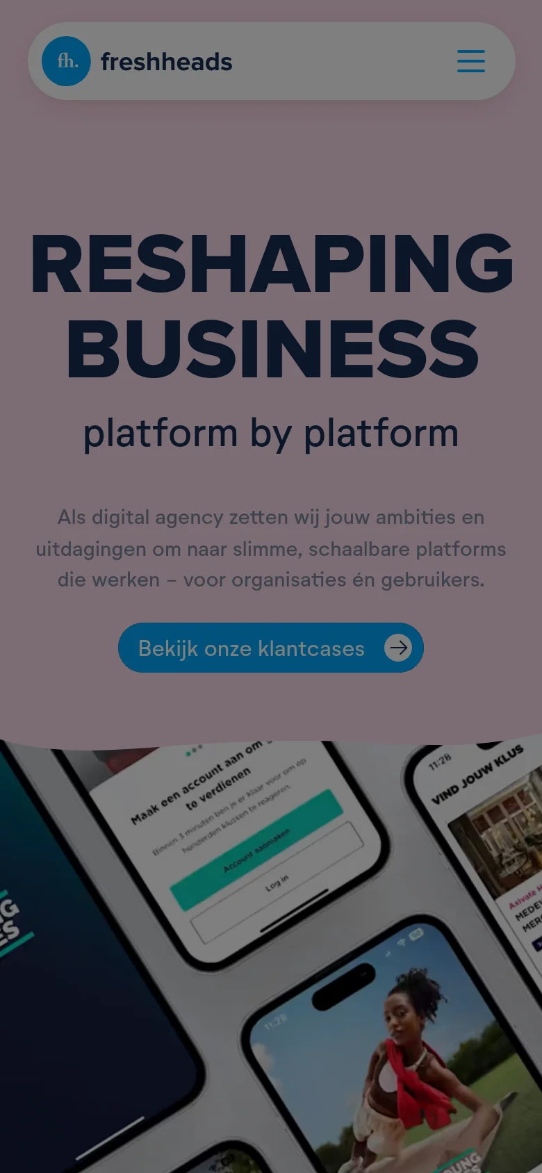 The mobile version presents a simplified layout with a centered headline and a hamburger menu icon in the top right. The primary call to action, 'Bekijk onze klantcases', is a prominent blue button centered under the introductory text. The bottom of the screen shows a cropped view of the overlapping smartphone graphics seen on the desktop version.