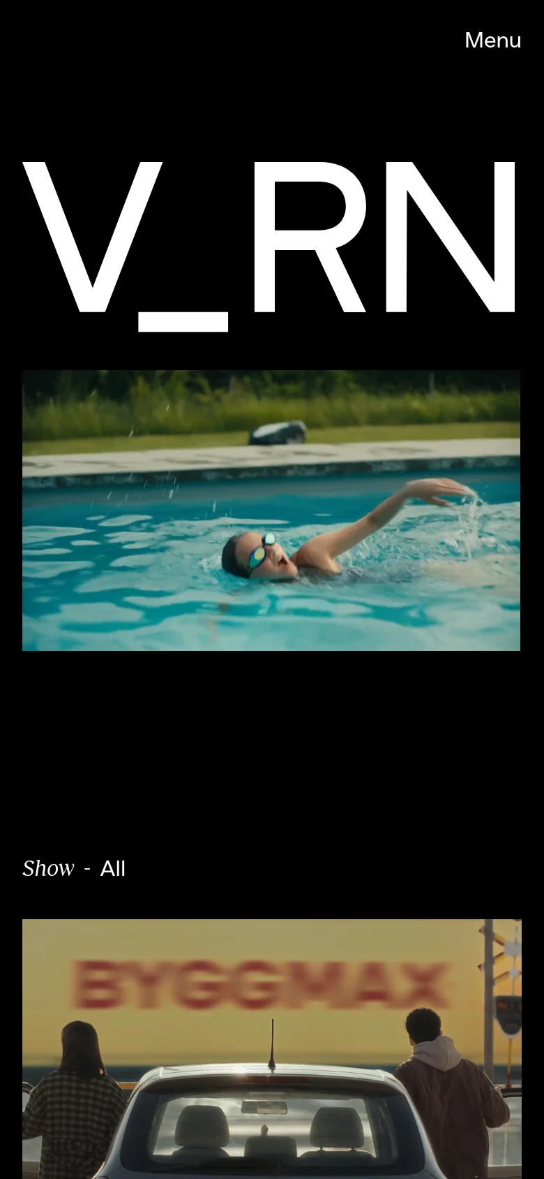 The mobile version simplifies the layout, replacing the top navigation bar with a single 'Menu' text link in the upper right. The large 'V_RN' white headline dominates the upper half of the screen, positioned above a full-width video of a person swimming in a pool.
