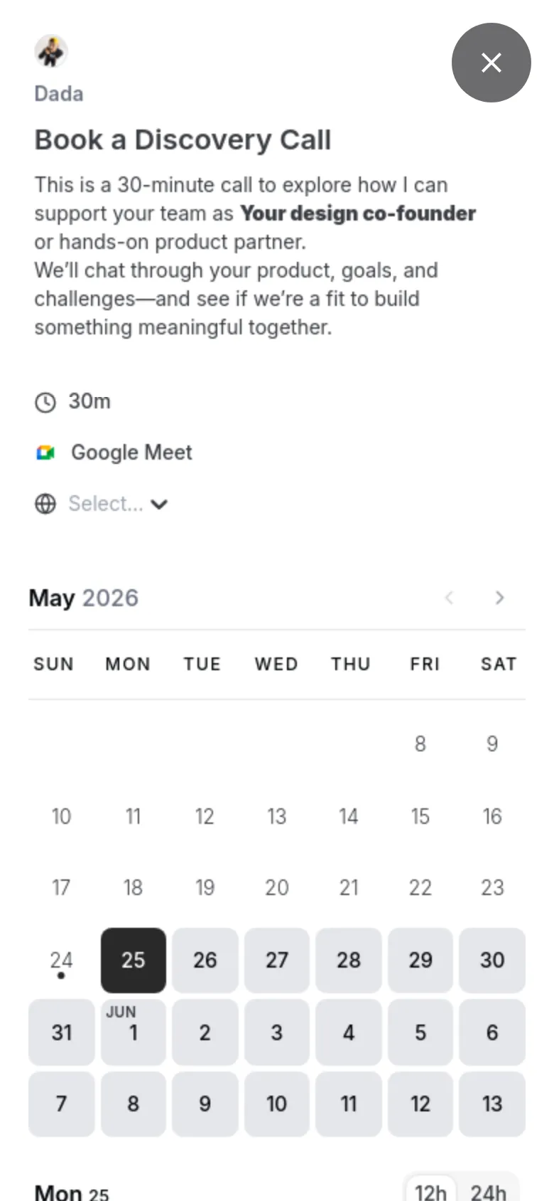 The mobile version shows a vertically stacked layout starting with a small profile icon and the name 'Dada' followed by the heading 'Book a Discovery Call'. The text description, duration, and meeting platform are listed above a full-width calendar and a scrollable list of time slots for the selected date.
